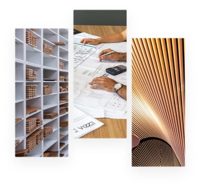 Three vertical panels: the left shows neatly stacked wooden planks on shelves, the center shows hands working on architectural blueprints with tools, and the right shows a curved, slatted wooden ceiling.