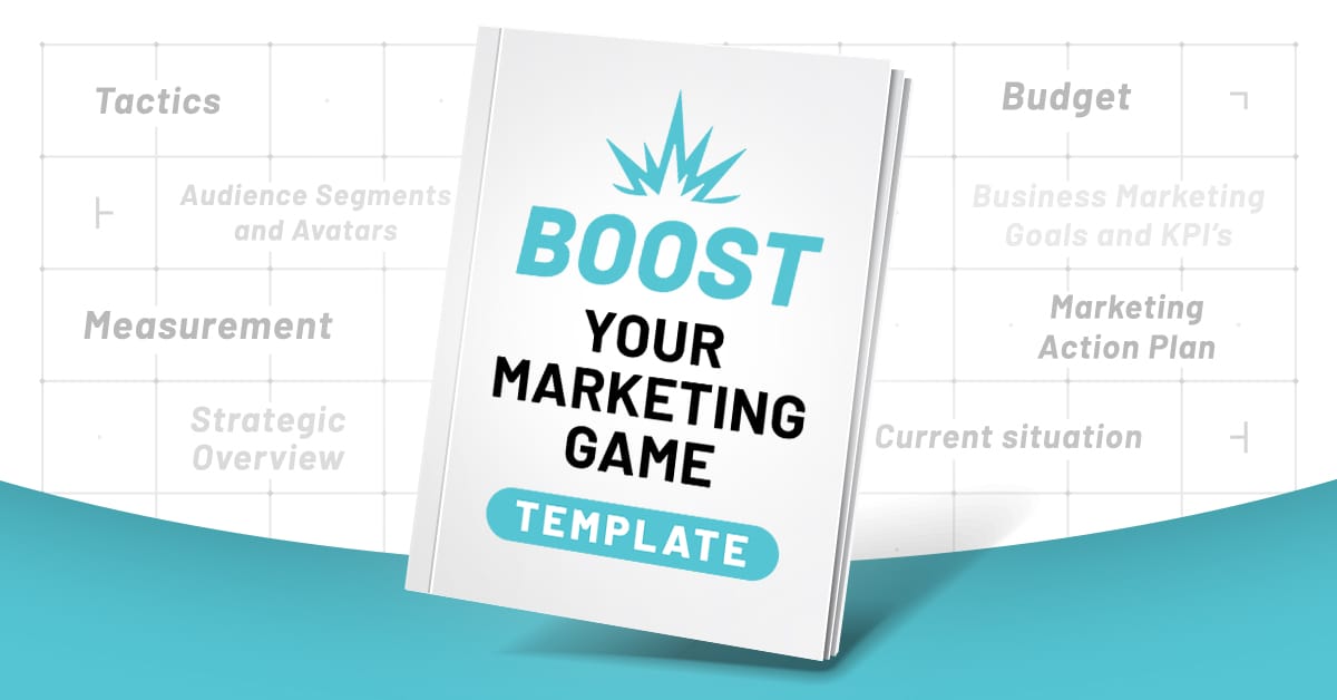 A book titled "Boost Your Marketing Game: Template" is displayed prominently against a light blue and white background.
