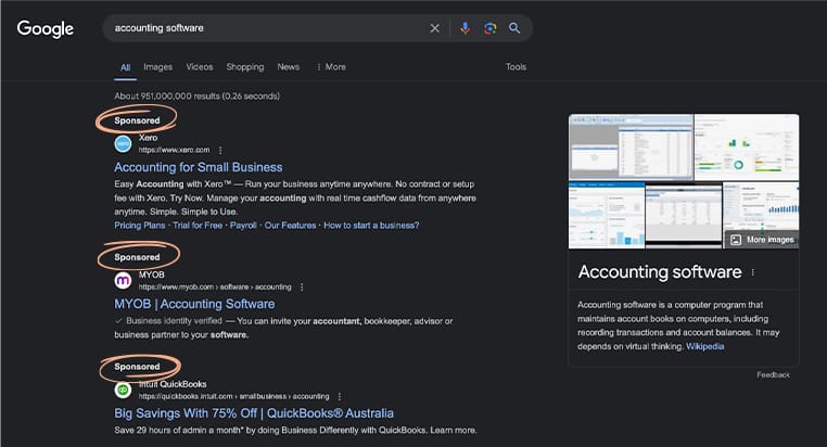 Google SERP result for the keyword "accounting software"