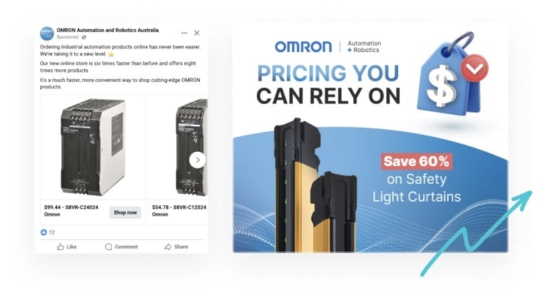 A social media post and ad for OMRON Automation and Robotics Australia promoting industrial automation products and a 60% discount on Safety Light Curtains, featuring product images and a blue upward trending arrow.