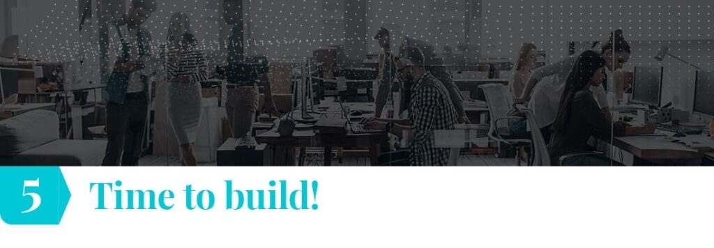 Shows a busy office people working at desks and standing in groups, engaging in conversations. The atmosphere appears collaborative, with a focus on teamwork and productivity. Background features a subtle pattern of small lights across the wall. At the bottom of the image, a bold text in turquoise that reads, "5 Time to build!"