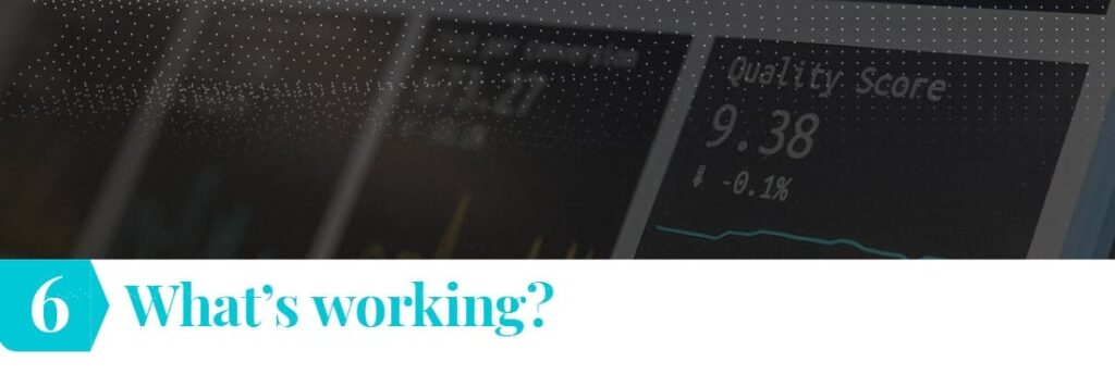 A close-up of a computer screen displaying data and analytics, with a visible quality score of 9.38 and a small downward percentage change of -0.1%. The background is slightly blurred, focusing on the data shown. At the bottom of the image, there is a large, bold text in turquoise that reads, "6 What’s working?"