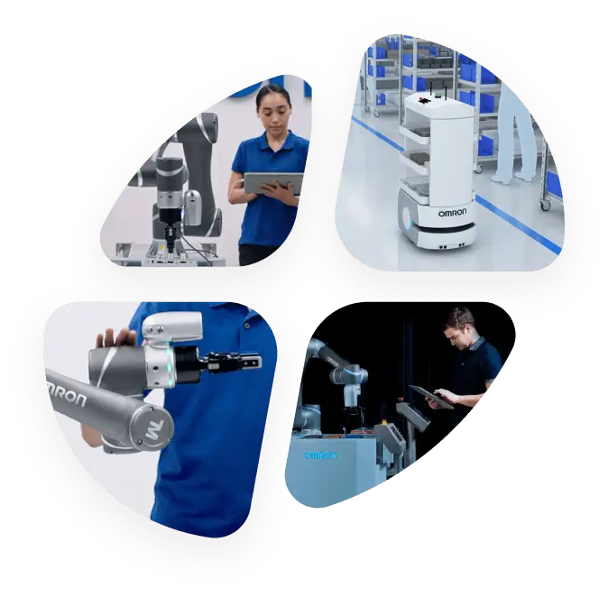 Collage showing people working with Omron robots: an engineer holds a tablet near a robotic arm, an autonomous mobile robot moves through a facility, and two close-up views of robotic arms in use.