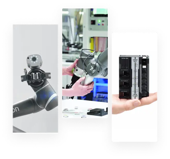 Three vertical panels show: a robotic arm with a camera, hands adjusting a robotic component, and a hand holding an industrial automation device, all set in a high-tech, industrial environment.