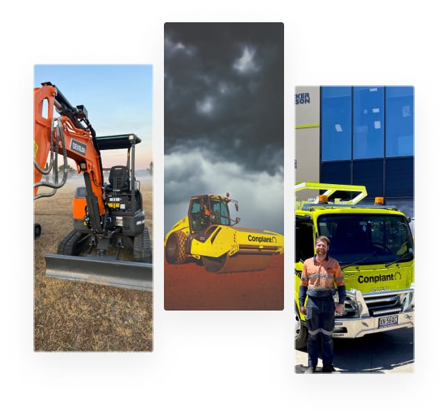 Three vertical panels show: a worker operating an orange excavator, a yellow roller compactor under a stormy sky labeled "Conplant," and a smiling worker standing by a yellow Conplant truck outside a building.