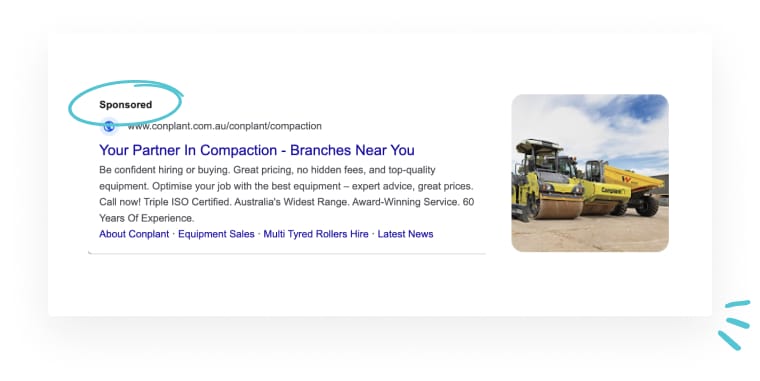 A screenshot of a Google ad for a compaction equipment company, showing the word "Sponsored" at the top left and an image of construction vehicles on the right.