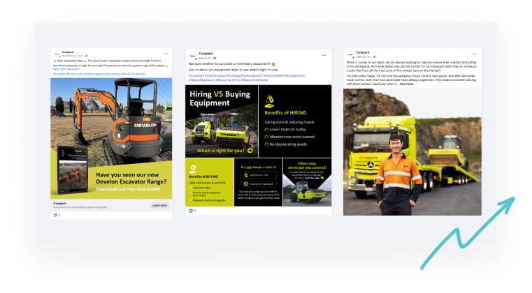 A collage of three social media posts featuring construction equipment, a comparison of hiring vs buying equipment, and a worker standing in front of a yellow tow truck, with a rising arrow icon in the corner.