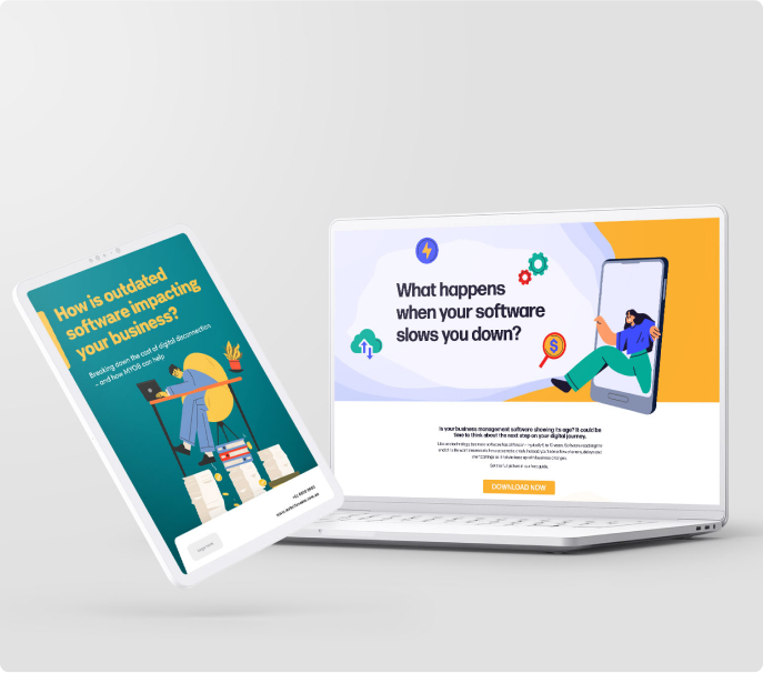 A tablet and a laptop display digital content about outdated software. The tablet shows an illustration of a stressed person at a cluttered desk, while the laptop screen asks, "What happens when your software slows you down?.
