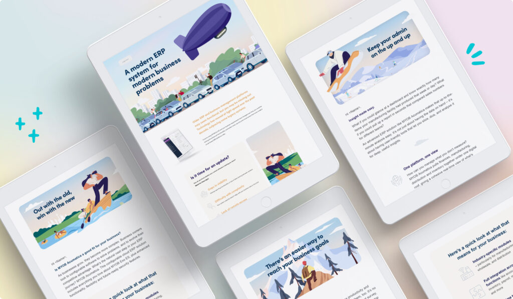 Five white tablets display colorful illustrated web pages about a modern ERP system. The screens show business-themed graphics, text, and diagrams with soft pastel backgrounds and purple, blue, and orange accents.