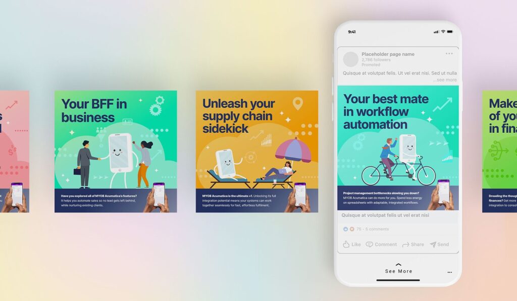 A series of colorful digital ads with cartoon smartphones and people, promoting workflow automation and business solutions, is displayed next to a smartphone showing a social media feed with one of the ads.
