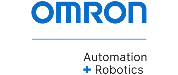 Omron logo in blue text above a horizontal line, with the words "Automation + Robotics" written in black and blue below the line on a white background.