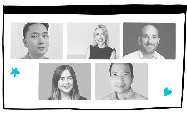 A collage of five professional headshots, three at the top and two at the bottom, featuring diverse individuals in marketing jobs smiling or posing against plain backgrounds. Blue heart and star doodles decorate the corners.