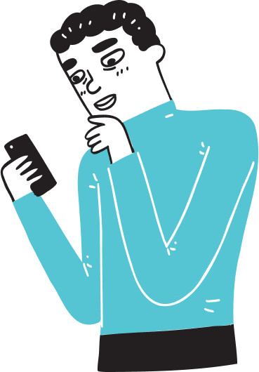 Illustration of a person with short curly hair wearing a blue long-sleeve shirt, holding a phone and looking at it thoughtfully with a hand resting on their chin.