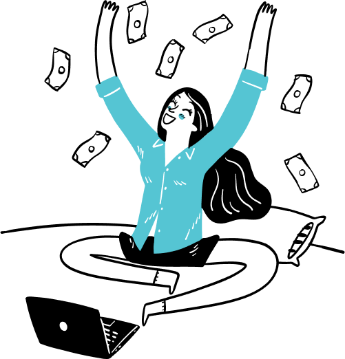 A person sitting cross-legged on a bed throws money into the air, smiling joyfully. The person wears a blue shirt and has long hair, with dollar bills floating above.