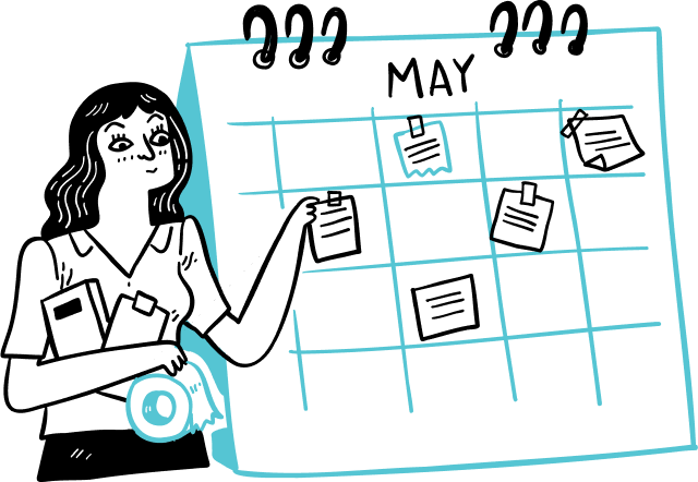 Illustration of a person standing beside a large calendar, which has a sticky note on one of the days. The person appears to be holding a clock under their arm.