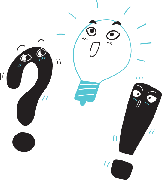 A cartoon question mark, exclamation mark, and light bulb, each with expressive faces. The question mark looks curious, the exclamation mark surprised, and the light bulb happy and glowing.