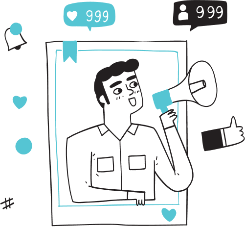 Illustration of a man inside a social media frame, holding a megaphone. Social icons around him show 999 likes and 999 followers, with blue and black heart, thumbs up, and notification icons.