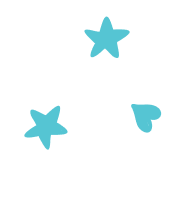 Three light blue shapes—two stars and a heart—are scattered on a transparent background.