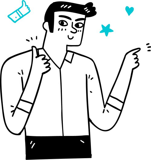 A black circular frame decorated with teal and white doodles: a thumbs-up, a heart, a star, and small accent marks, with an empty center for inserting an image or text.