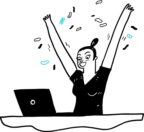 Line drawing of a person juggling five small blue objects, with one hand raised and a happy expression on their face. The figure appears energetic and playful.