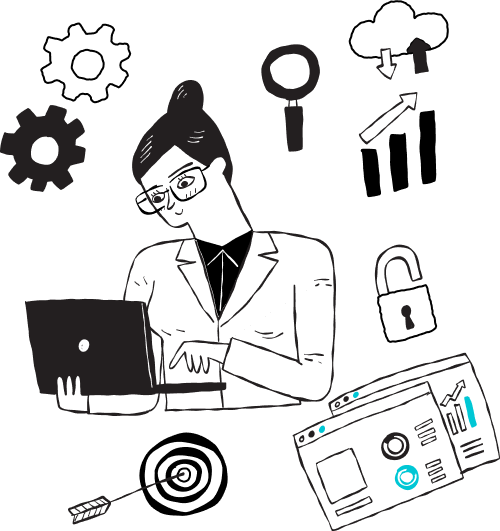 A person in business attire works on a laptop, surrounded by icons including a gear, magnifying glass, arrows, an unlocked padlock, and a computer screen. The style is simple and monochromatic with blue highlights.