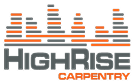 Logo for "HighRise Carpentry" featuring stylized gray and orange bars resembling a city skyline above the company name in bold gray and orange text, designed to appeal to b2b brands seeking a modern, professional image.