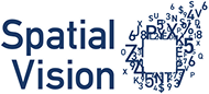 The logo features the words "Spatial Vision" in bold blue letters next to a circle made up of scattered letters and numbers, forming an open square shape in the middle—ideal for innovative b2b brands seeking a modern identity.