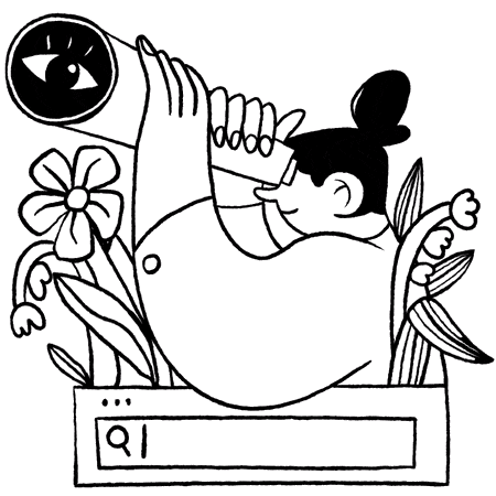 A person surrounded by plants looks through a telescope at a search icon while a search bar appears below them, capturing the focused vision of a b2b marketing agency. The illustration is stylized with bold lines and minimal details.