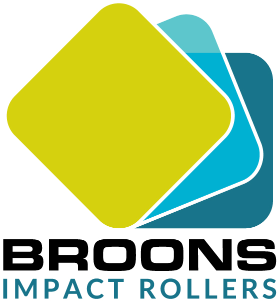 Logo for Broons Impact Rollers, designed for b2b brands, features three overlapping diamond shapes in yellow-green and blue above the company name in bold black and light blue text.